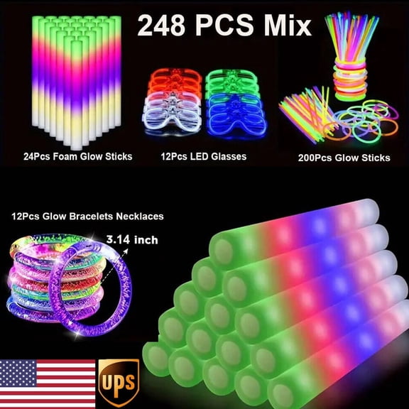 248 PCS New Years Eve Glow in the Dark Party Supplies- 24 Pcs Foam Glow Sticks, 12PCS LED Glasses, 200 Pcs Glow Sticks, 12PCS Glow Bracelet Light Up Concert Party Favors Wedding Birthday
