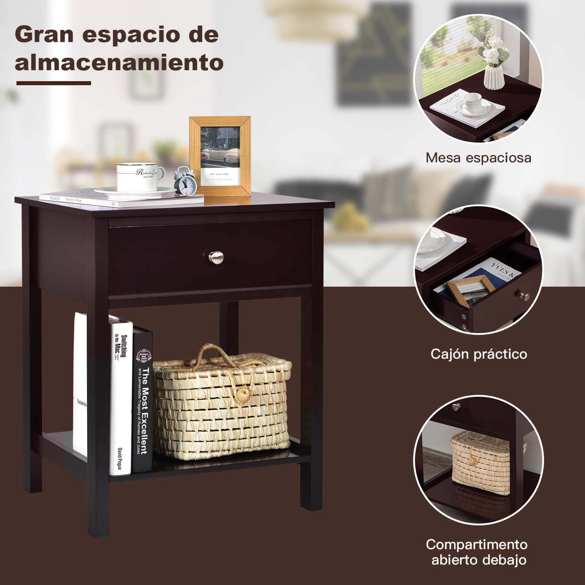 Costway Nightstand with Drawer Storage Shelf Wooden Bedside Sofa Side Table Brown