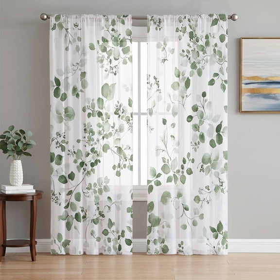 Botanical Leaf Print Sheer Curtains 63 Inch Length 2 Panels Set, Spring Emerald Foliage Eucalyptus Voile Window Treatment Rod Pocket Curtains Sheers Drapes for Bedroom/Living Room/Kitchen 52x"63"x2