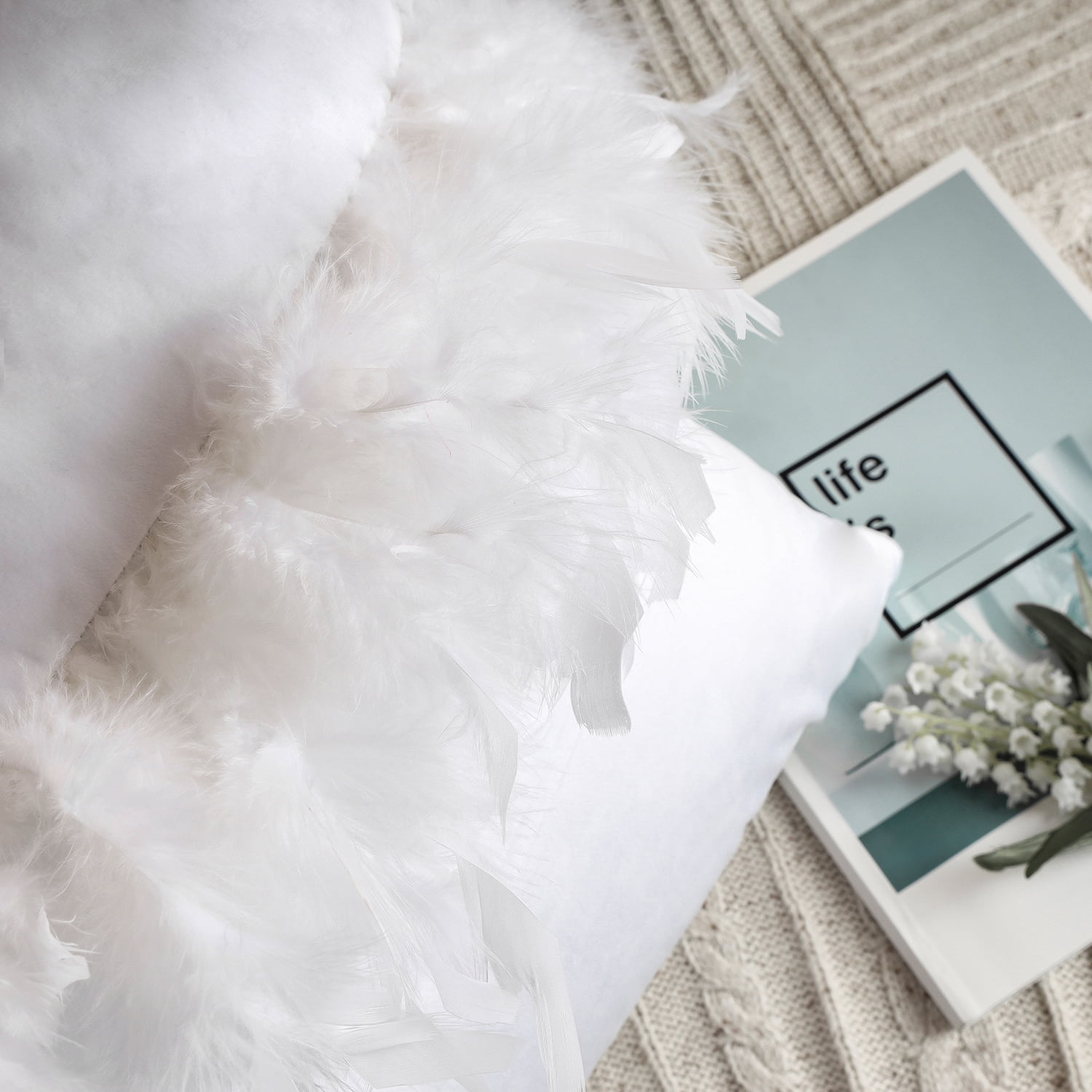 Phantoscope Feather Velvet Decorative Throw Pillows, 18 x 18 in, Pure White, 2 Pack