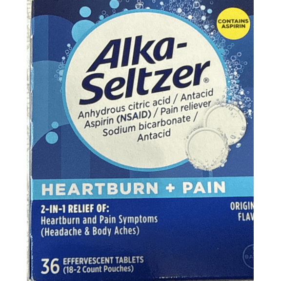 Alka Seltzer Heartburn Relief And Antacid Reducer With Aspirin Tablets, Original, 36 Ea, 3 Pack