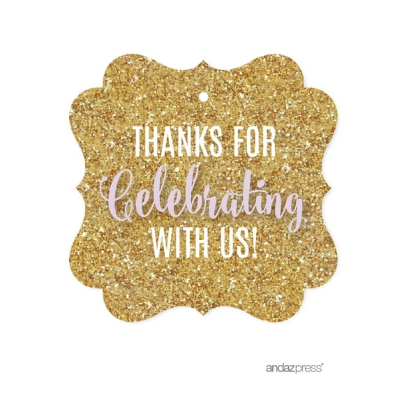 Signature Lavender, White, Gold Glittering Party, Fancy Frame Gift Tags, Thanks for Celebrating With Us!, 24-Pack