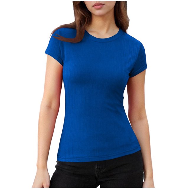Women's Ribbed Knit Crewneck Tee, Short Sleeve Slim Fit Stretch Solid Color Summer Top,Blue,L