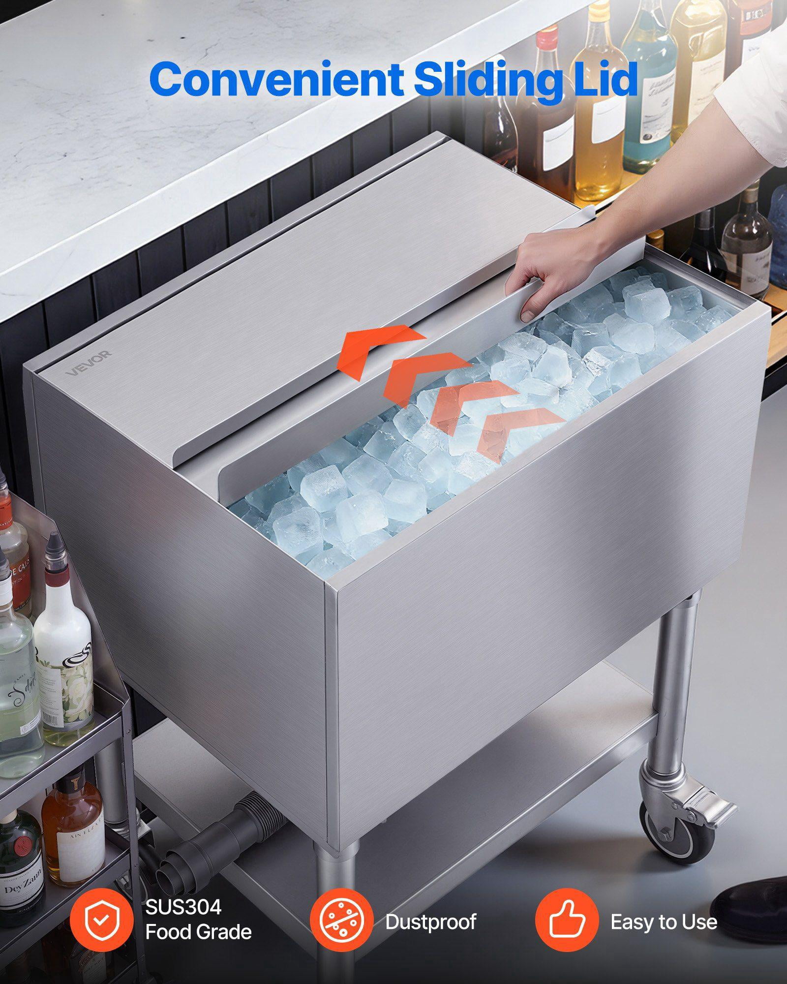 65.1 Qt Stainless Steel Ice Chest with Sliding Lid Bottle Holders NSF Certified Commercial Cooler Cart for Bar Restaurant Pub