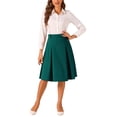 thumbnail image 2 of INSPIRE CHIC Women's Solid Vintage High Elastic Waist Button Decor Flared Midi Skirt XS Deep Green, 2 of 5