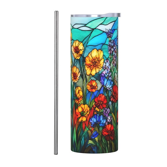 20oz Stained Glass Wildflower Insulated Tumbler with Handle and Straw Colorful Floral Travel Coffee Cup Gift with Stainless Steel Straw