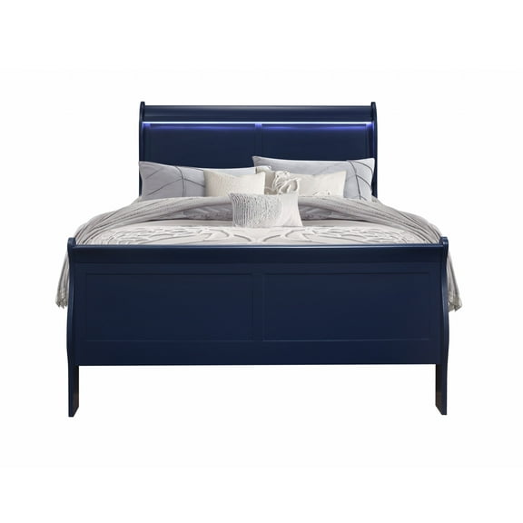 HomeRoots 482386 Solid Wood Standard Upholstered Bed, Blue