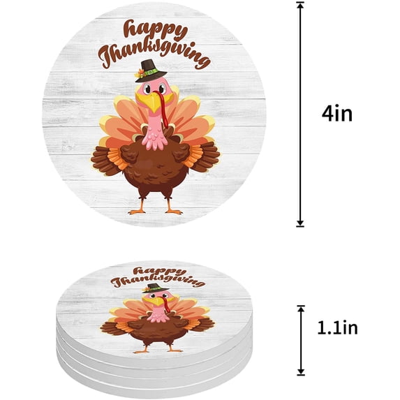 FMSHPON Happy Thanksgiving Cute Turkey on Wooden Grain Set of 4 Round Coaster for Drinks, Absorbent Ceramic Stone Coasters Cup Mat with Cork Base for Home Kitchen Room Coffee Table Bar Decor