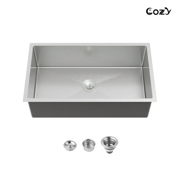 33x19 inch Brushed Nickel Stainless Steel Single Bowl Undermount Kitchen Sink with US Standard Drain and Hook, Model SS-BR04D-331912