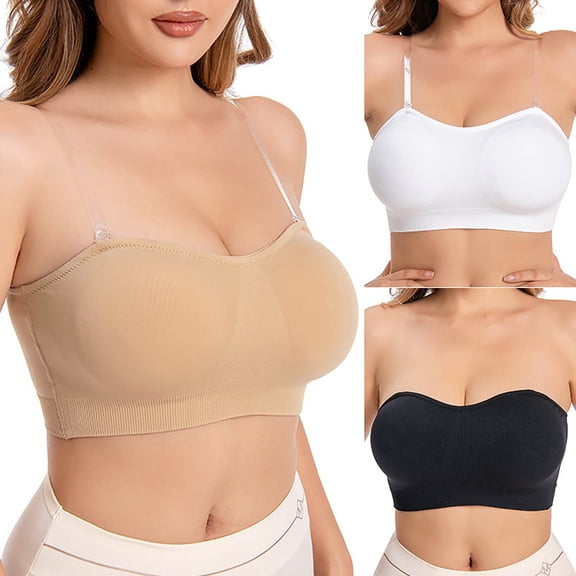 Gymayou Strapless Bras for Women Wireless Push Up Non-Slip Bandeau Bra Seamless Clear Straps Tube Top Padded Bralette Beige L