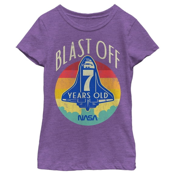 Girl's NASA Space Shuttle Blast Off 7th Birthday Retro Portrait Graphic Tee Purple Berry Small