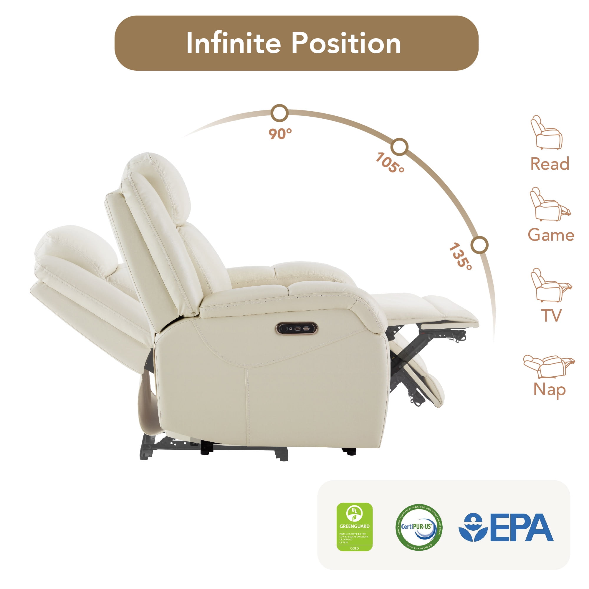 Spruce & Spring Genuine Leather Wall Hugger Power Recliner with Dual Motors, Cream-Medium