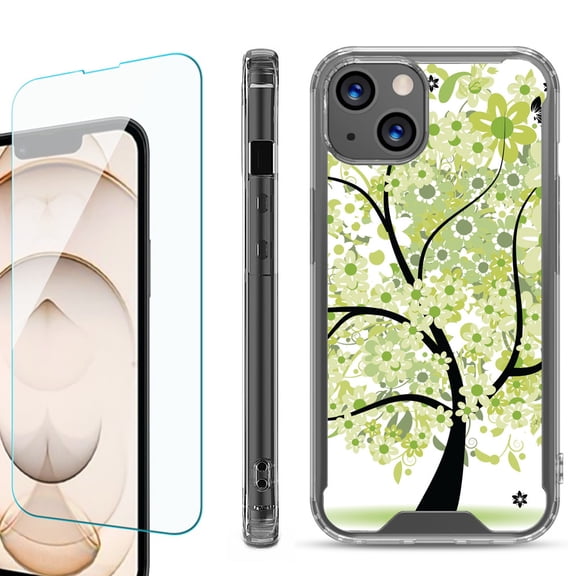 Shockproof Bumper Phone Case for iPhone 13, with Tempered Glass Screen Protector, by OneToughShield ® - Green Tree