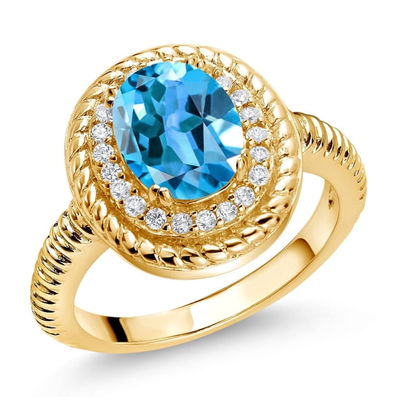 Gem Stone King 2.51 Ct Oval Swiss Blue Topaz 18K Yellow Gold Plated Silver Halo Engagement Ring (Size 8)