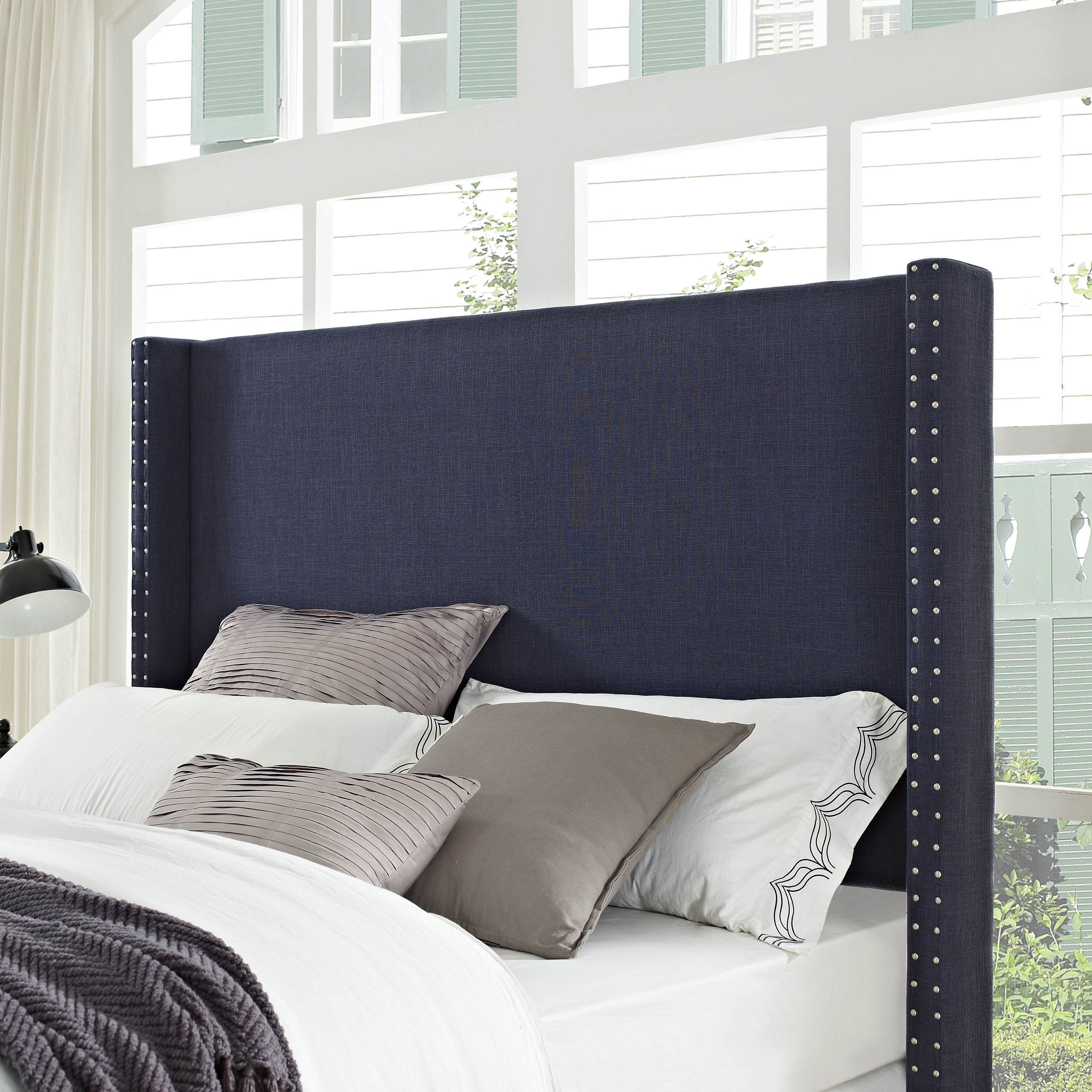 CASEY WINGBACK UPHOLSTERED KING/CAL KING HEADBOARD IN NAVY LINEN