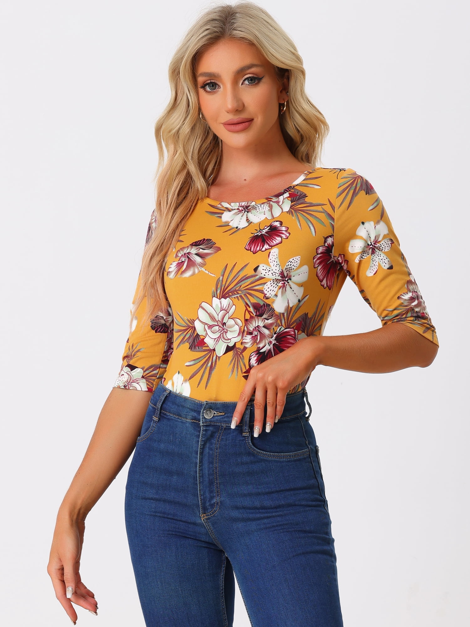 DARING DIVA Women's Halloween Costume 1/2 Sleeve Floral Top S Yellow-Floral