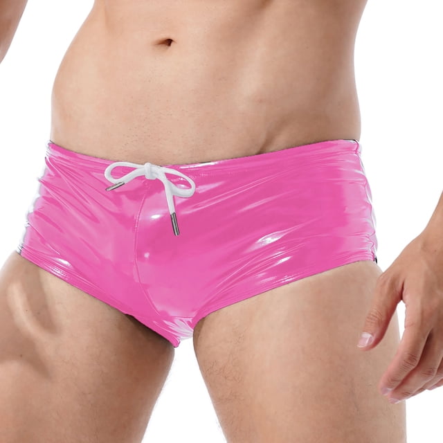 Jhaoyu Men's Patent Leather Drawstring Boxer Shorts Elastic Waistband Booty Shorts Swim Trunks Pink M