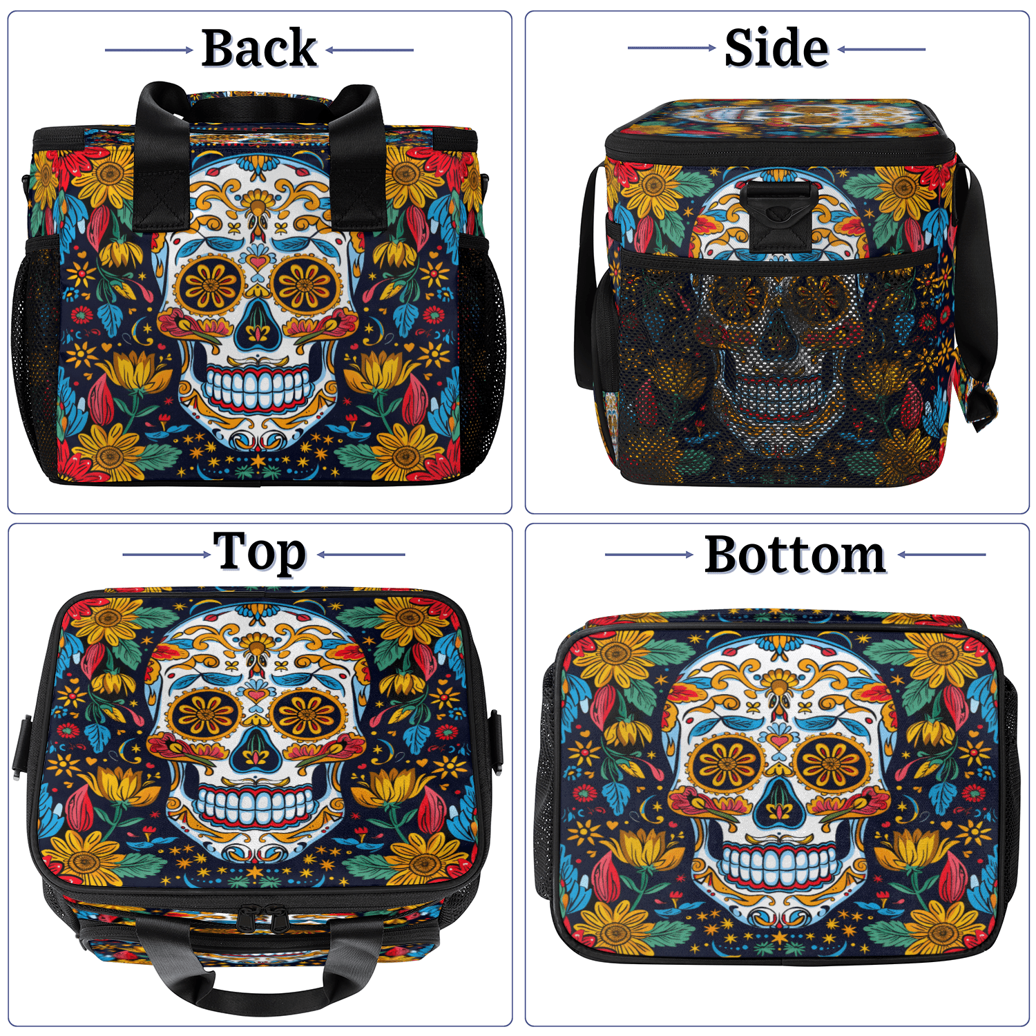Herdesigns Sugar Skull Gothic Halloween Large Lunch Box for Adults Women Men with Adjustable Shoulder Strap, Insulated Reusable Lunch Bag Leakproof Cooler Tote Bag
