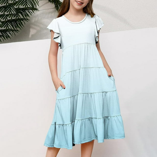 FYDUU Robe Décontractée pour Fille Robes d'Été pour Fille Couleur Dégradée Manche à Volants Évasée Fluide Midi Robe Soleil Confortable Robes de Plage 6-7 Ans