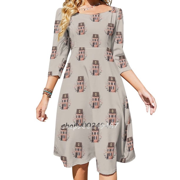 Vestido de escote cuadrado Home Sweet Home, nuevo vestido elegante ajustado a la cintura para mujer de talla grande, ilustración de casa, casa rosa, acogedor, floral