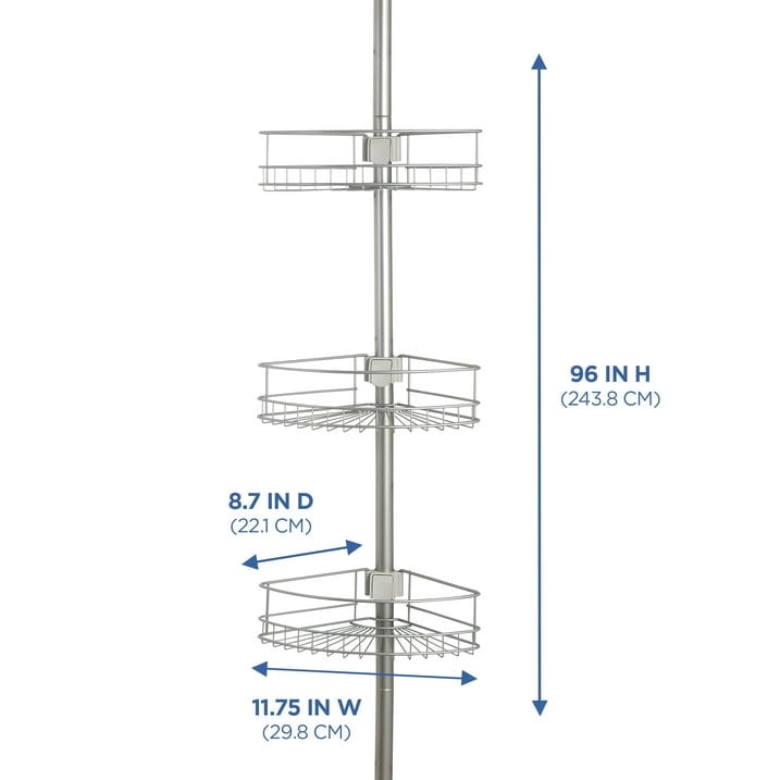 Mainstays 4 Tier Steel Tension Pole Shower Caddy with 3 Baskets & Soap Tray Shelf, Satin Nickel
