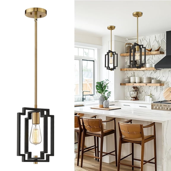 Emliviar Industrial Pendant Light, 1-Light Kitchen Hanging Light Fixture, Black and Gold Finish, JE1981M1L BK G