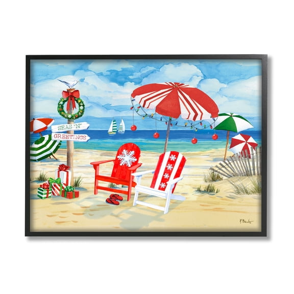 Stupell Industries Seas 'N' Greetings Scene Holiday Painting Black Framed Art Print Wall Art, 14 x 11