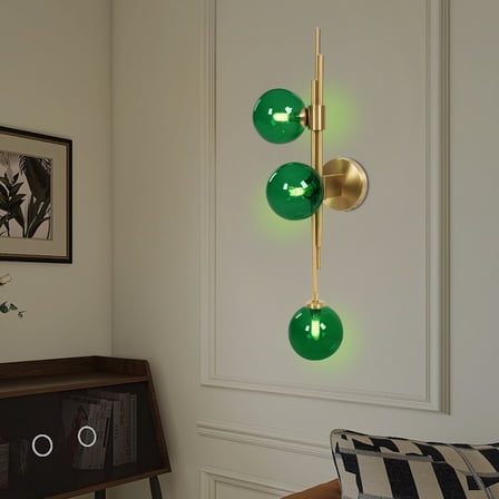 Mid-Century Decor Globe Wall Sconce, 3 Dark Green Lights Modern Indoor Bedside Wall Light Fixture Wall Mounted Sconce Globe Glass Shade Wall Lamp with Long Arm for Bedroom Hallway