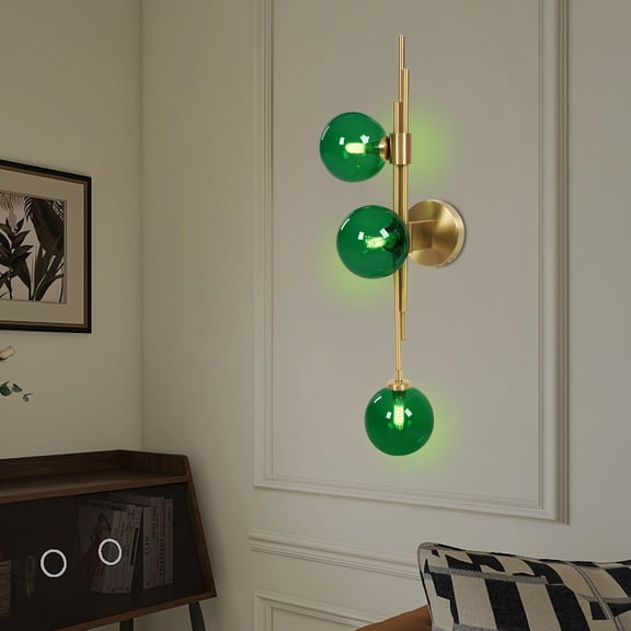 Mid-Century Decor Globe Wall Sconce, 3 Dark Green Lights Modern Indoor Bedside Wall Light Fixture Wall Mounted Sconce Globe Glass Shade Wall Lamp with Long Arm for Bedroom Hallway