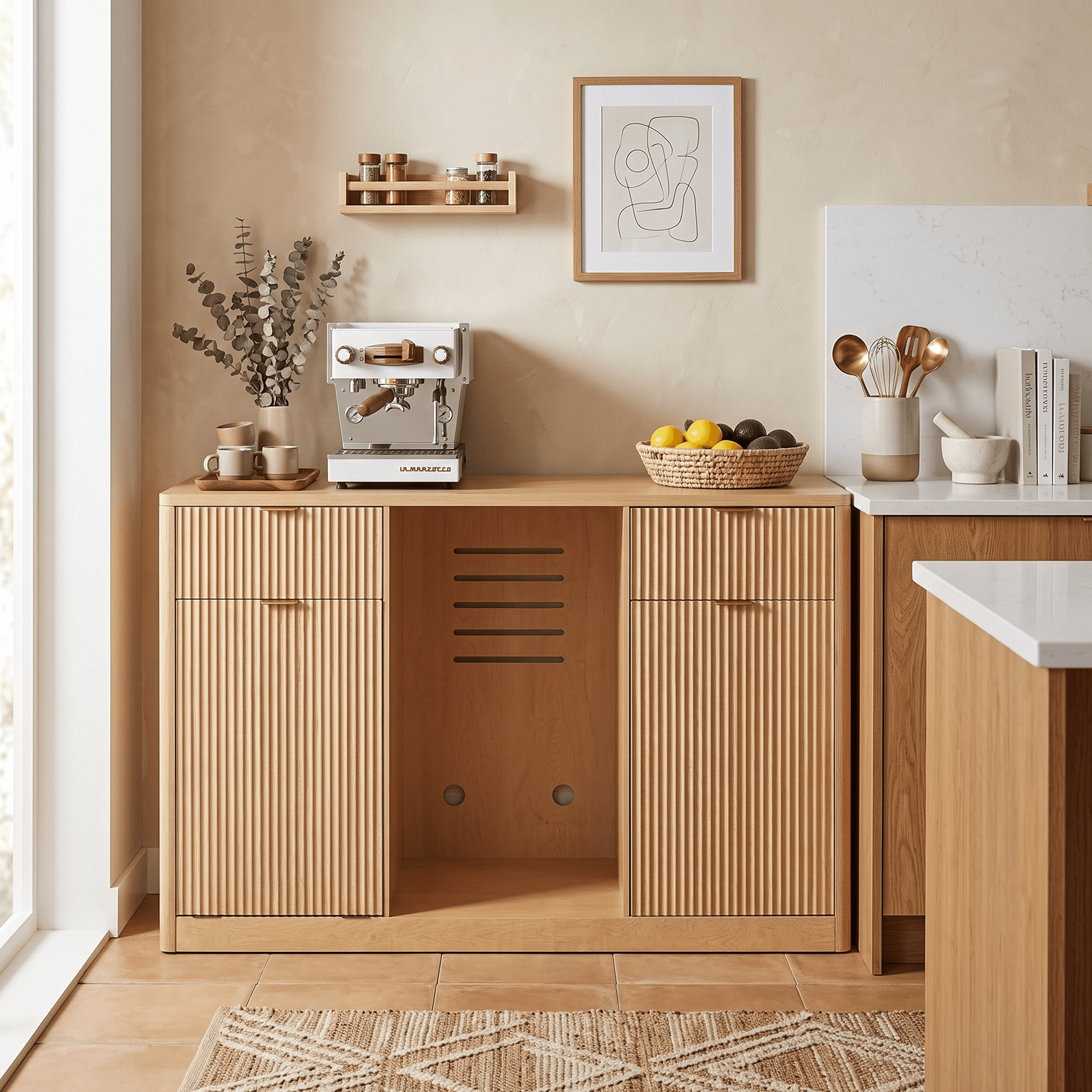 Homy Casa 59-Inch Fluted Kitchen Island with Fridge Space, Trash Cabinet and Power Outlet, Natural Oak