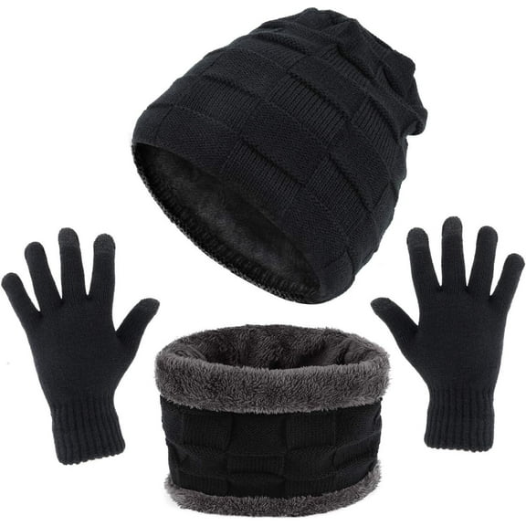 TAGVO Winter Unisex Beanie Hat Scarf & Touch Screen Gloves Set 3 in 1, Thick Soft Fleece Inner Great Warm, Stretchy Knitted Skiing Beanie Skull Cap, Neck Warmer, Touch Gloves, Black