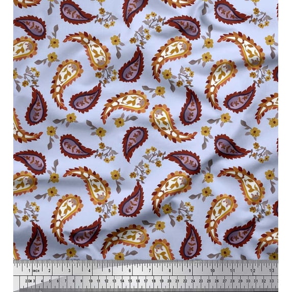 Soimoi Japan Crepe Satin Fabric Leaves & Floral Paisley Printed Fabric 1 Yard 42 Inch Wide
