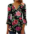 thumbnail image 2 of PEONAVET 3/1420 Length Sleeve Womens Tops, Women's Printed Casual Button Pleated Belted Horn 3/4 Sleeve, 2 of 5