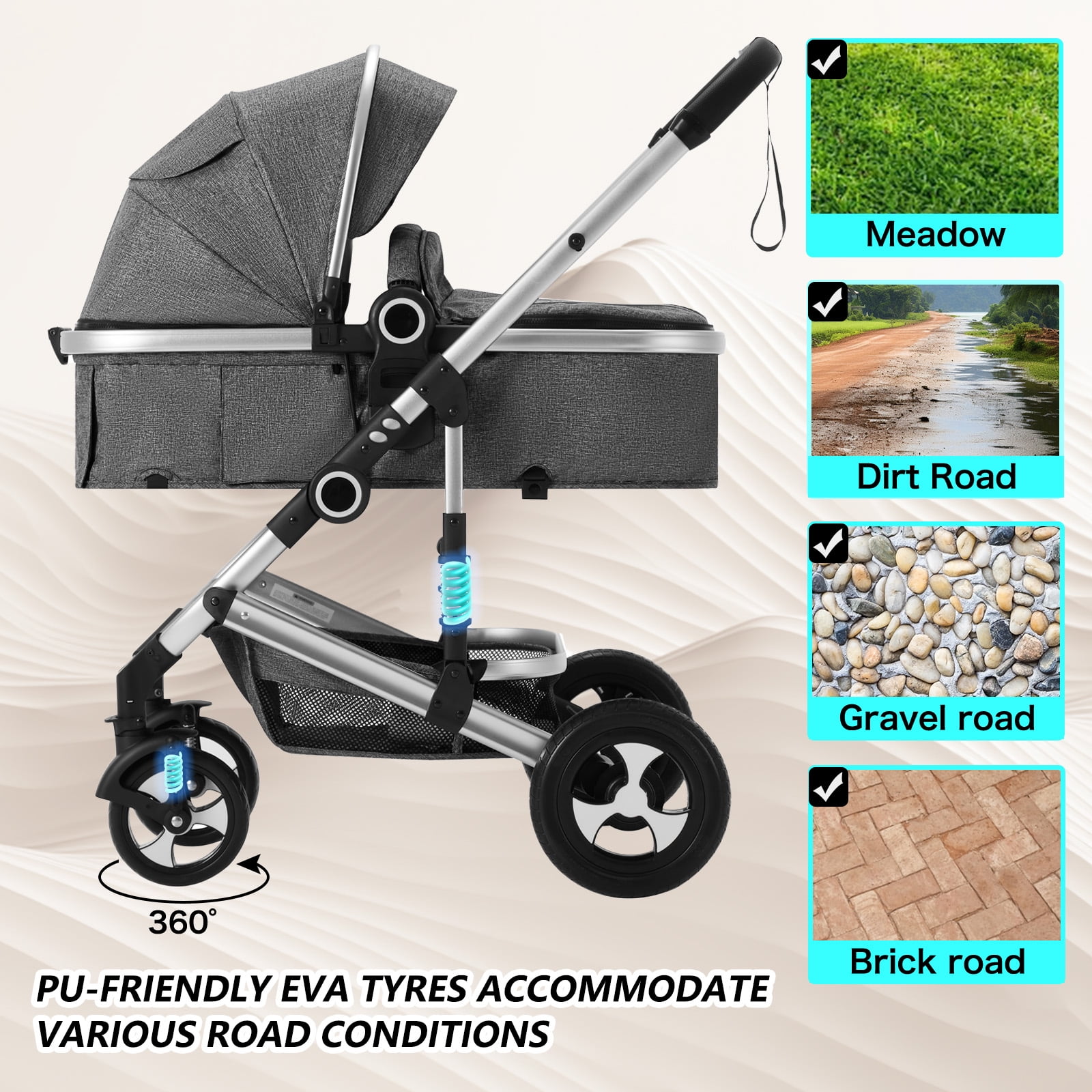 Kinder King 3 In 1 Reversible Baby Stroller W/Detachable Tray, Convert To Newborn Bassinet Pram Folding Infant Carriage For Toddler Adjustable Canopy Handle Aluminum Alloy Suspension Wheels