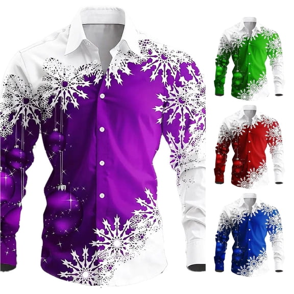 Men's Christmas Themed Print Shirt - All Over Pattern Long Sleeve Lapel Button Up Top