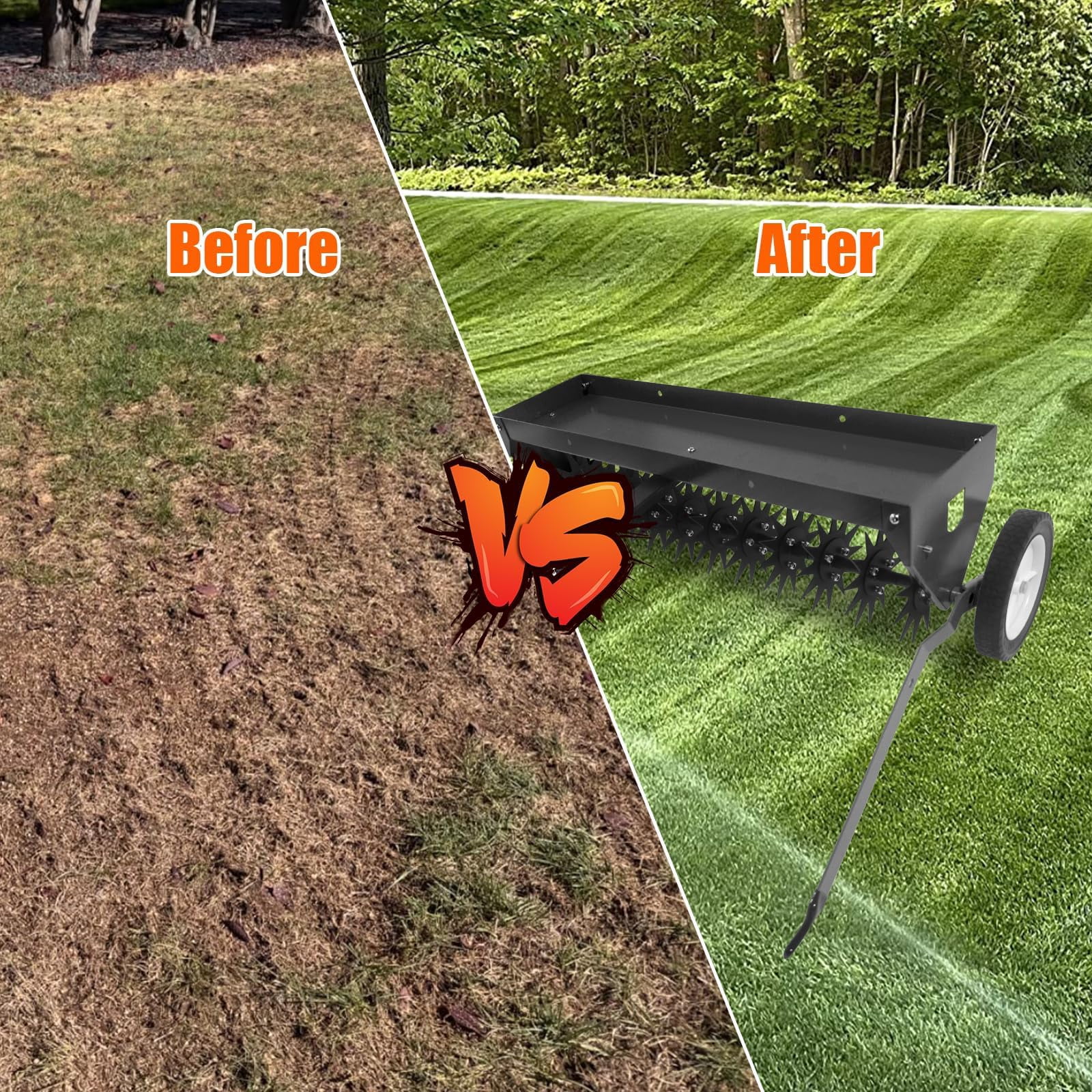 40" Tow-Behind Lawn Aerator – Heavy-Duty Core Aeration Tool with Universal Hitch, Adjustable Handle, Transport Wheels, Compatible with Tractors for Garden, Farm & Lawn Care