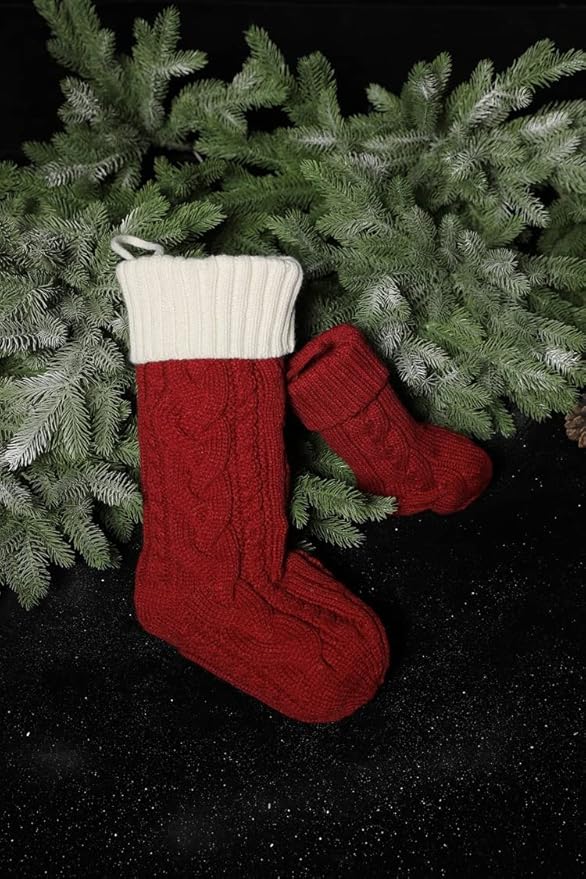 4 Pack Christmas Stockings 18 Inches Large Size Cable Knitted Stocking Gifts Christmas Decorations for Family Holiday Xmas Party, Burgundy&Ivory&Green