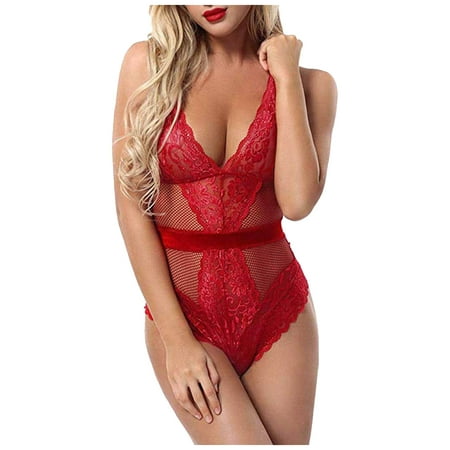 

VerPetridure Sexy Lingerie for Women Naughty Plus Size Women Lace Lingerie Bodysuit V-Neck Lace Babydoll Short Jumpsuit Pajamas
