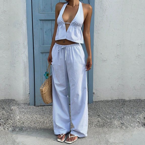 KIHOUT Women's Striped Halter Neck V-Neck Top and Drawstring Waist Wide Leg Pants Two Piece Set with Pockets for Casual Beachwear and Everyday Wear