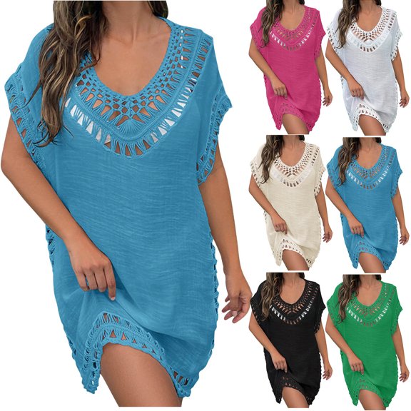 Antinious Ladies V-Neck Short Sleeve Hand Crochet Neck Splice Solid Coverup Versatile Casual Dress