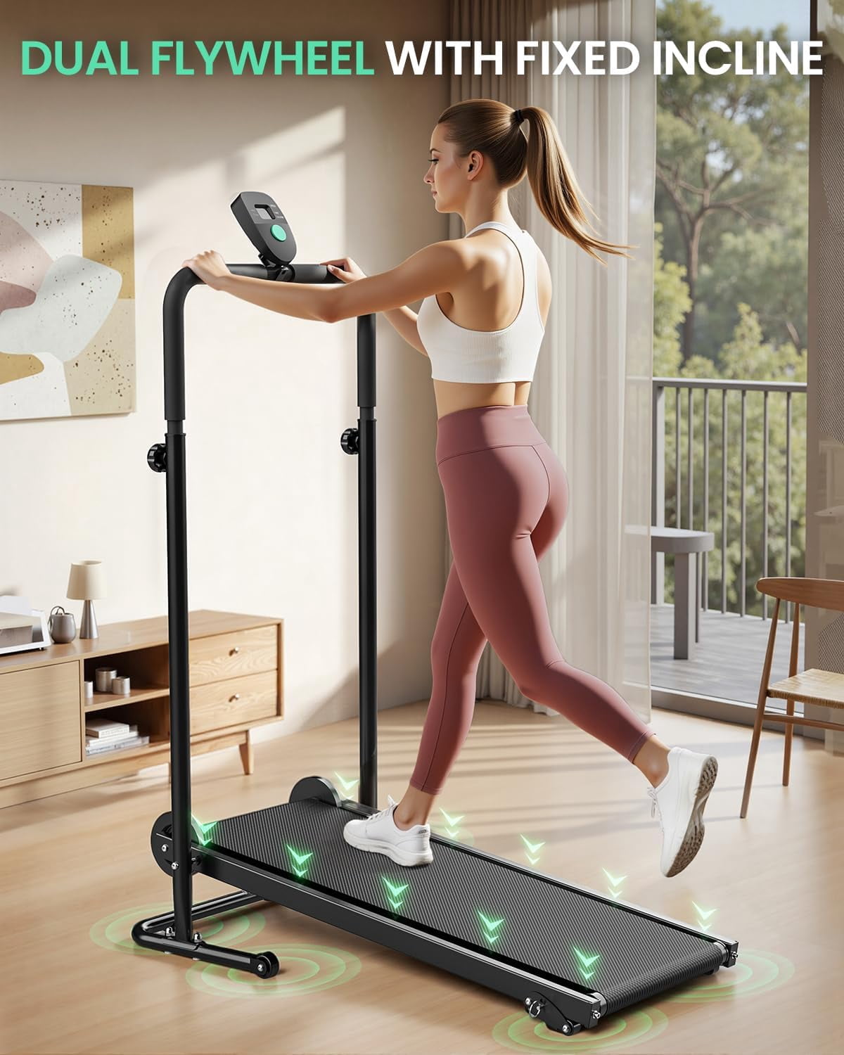 Akluer Non-Electric Treadmill with Dual Flywheel & Fixed Incline, LCD Monitor, Foldable Design for Home Use, Non-Slip Belt, Soft Foam Grips for Walking/Jogging