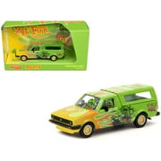 Volkswagen Caddy Truck w/Camper Shell Green with Flames and Graphics "Rat Fink" 1/64 Diecast Model Car by Schuco & Tarmac Works