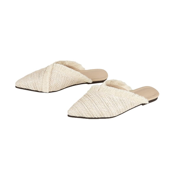 Women'S Fringe Straw Flat Mules Closed Pointed Toe Slip-On Breathable Comfortable Walking Slipper Slide For Work Walking Casual Sandals