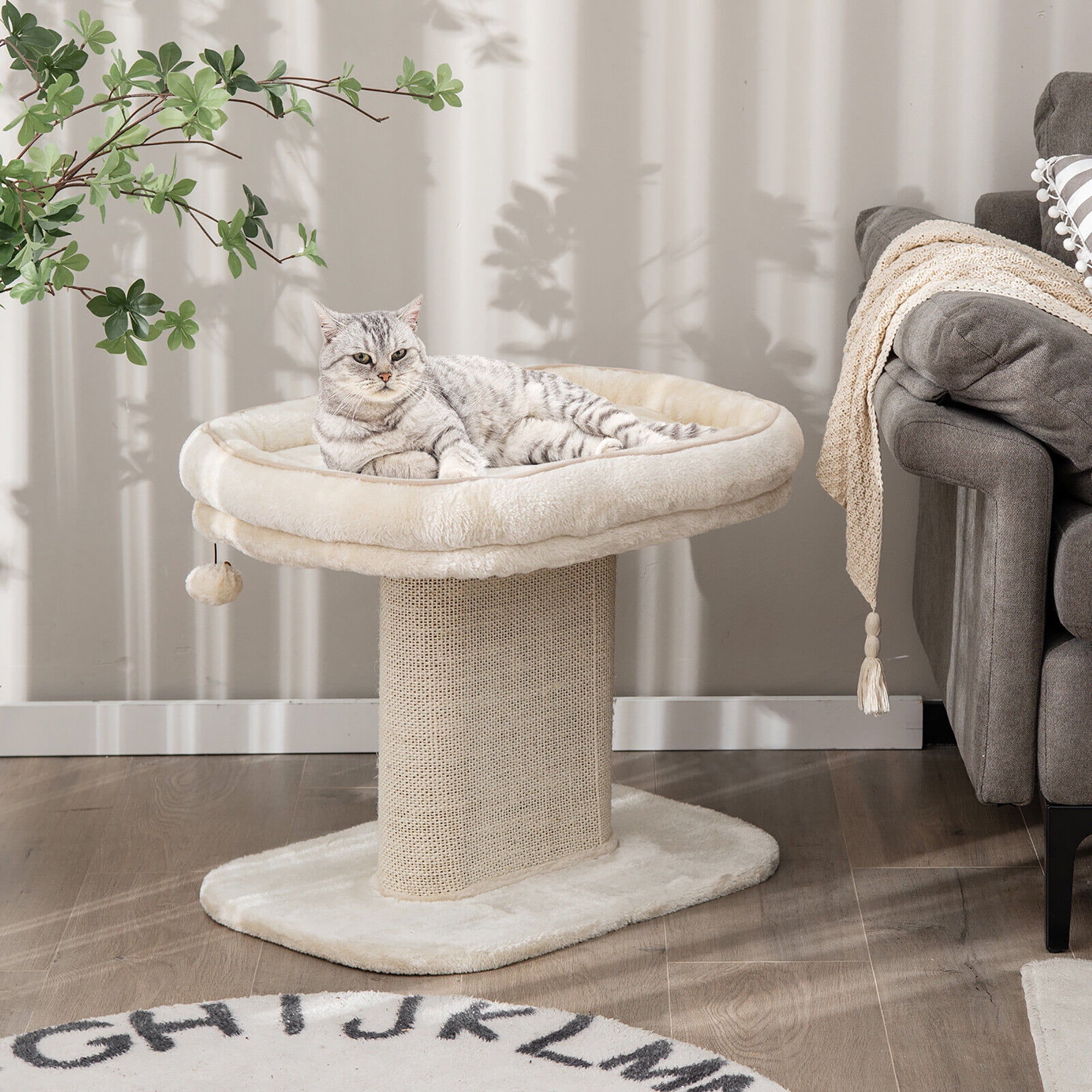 Gymax Modern Cat Tree Tower Cat Activity Tower w/ Large Plush Perch Beige