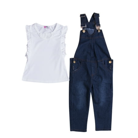 

Pudcoco New Girls Denim Romper Jumpsuit dungarees + T-shirt Outfits