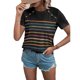 thumbnail image 1 of Camiseta de Mujer Cuello Redondo Botón de Hombro Manga Corta Patrón de Rayas Elegante Casual Mujer Top de Verano para Vacaciones Diario Negro XL, 1 of 6
