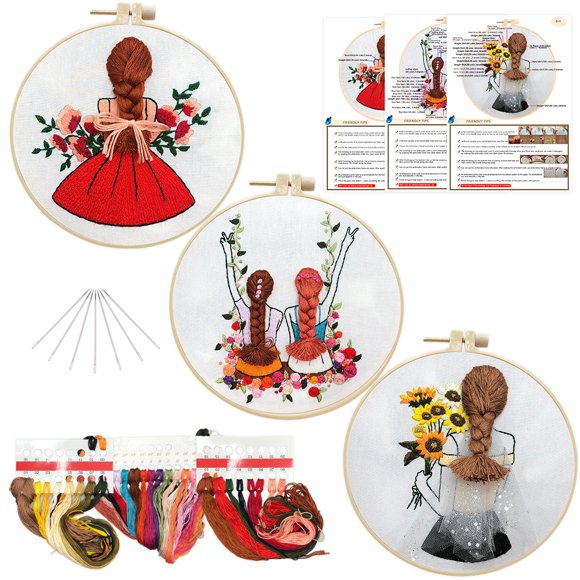 Beginner Embroidery Kit for Adults - 3pcs Cotton Linen & 20cm Bamboo Hoop - Colorful Printed Patterns, Easy Needlework for Home Decor - Beauty Sisters, Best Girlfriends, Best Friends Dream
