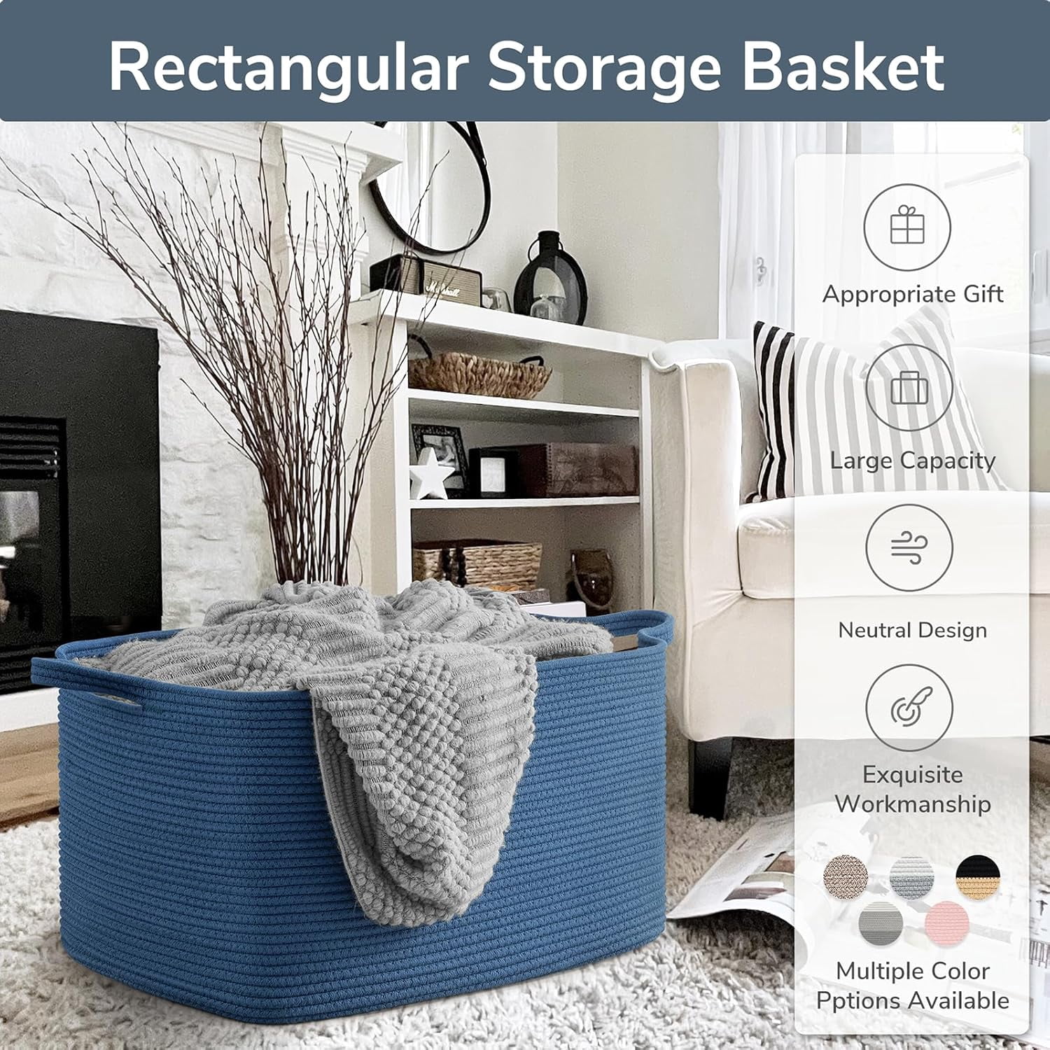 PrimeCook Shop Large Blanket Basket, Storage Baskets for Organizing, Rectangle Woven Basket for Clothes, Towels, Toy Baskets Storage Kids, 21.6" x 14.9" x 11.8"
