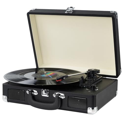 Reproductor de discos de vinilo, maleta accionada por correa de 3 velocidades, tocadiscos portátil para discos de vinilo con parlantes incorporados/salida RCA/entrada auxiliar/conector para auriculare