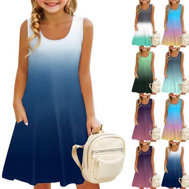 Girls 2025 Summer Dresses Sleeveless Gradient Dress with Pockets Casual Summer Sundress for Kids Lightweight and Breathable Fabric ,Sie:130
